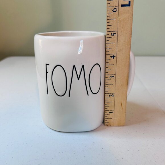 Rae Dunn "FOMO" Ceramic Coffee Mug White Black Text Elongated letters mug - Picture 4 of 8